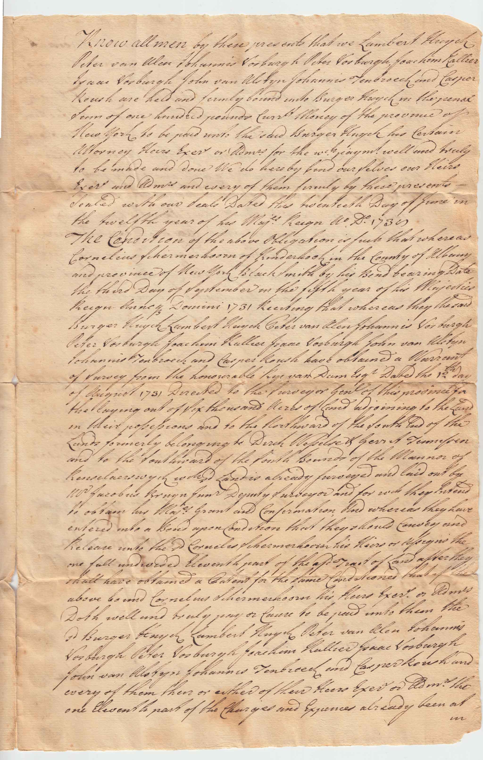 BH010 1739-06-20 Litigation Bond, Huyck Patentees vs. Cornelius Schermerhoorn, Witnessed by Philip Livingston Jr., obv right